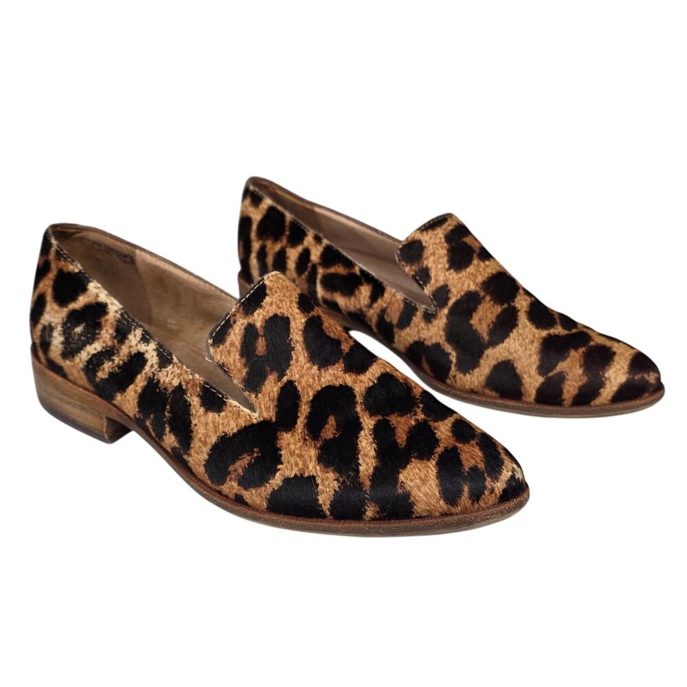 MADEWELL WOMEN’S CALF HAIR LEOPARD PRINT LEATHER STACKED HEEL LOAFERS – SIZE 6.5